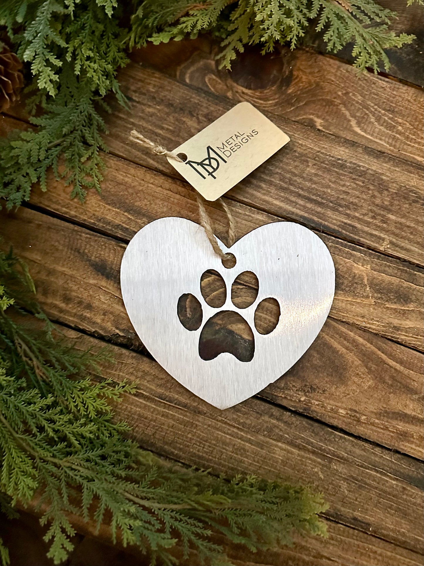 Paw Print Heart Metal Ornament